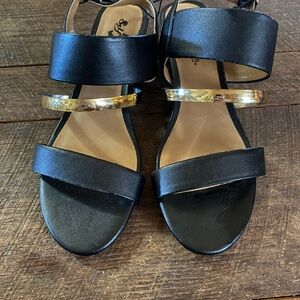 Self Esteem Black Sandals with Metallic Gold Accents